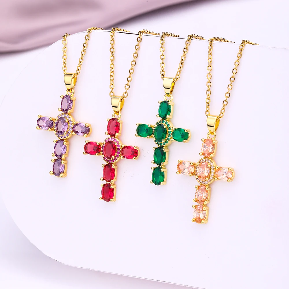 Модное простое ожерелье с крестом золотого цвета фианитами кулоном в виде Креста