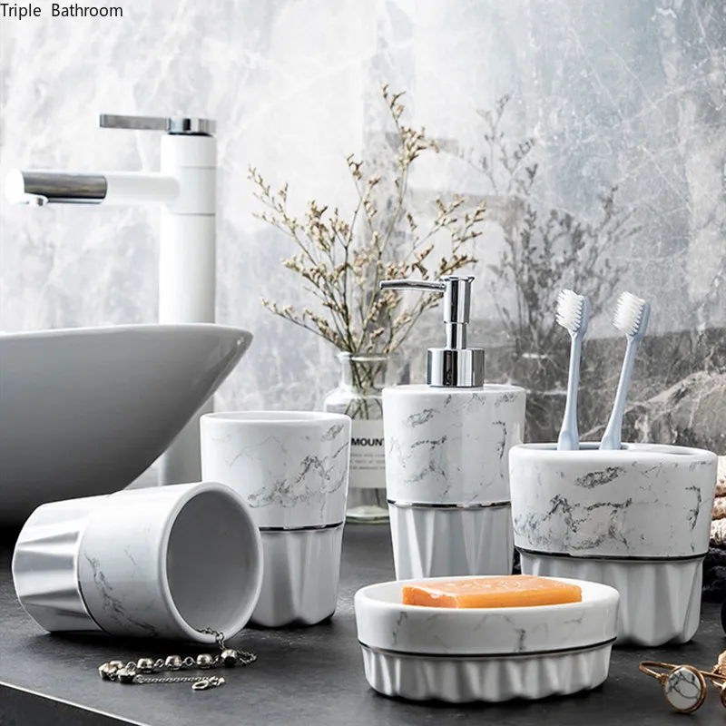 

Ceramics Wash Five Piece Set Nordic Marbling Gargle Cup Toothbrush Holder Home Bathroom Decorations Soap Dispenser Soap Dish