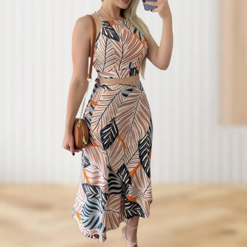 

2Pcs/Set Comfy Top Skirt Outfits Boat Neck Sling Design Top Skirt Suit Leaves Print Top Skirt Outfits