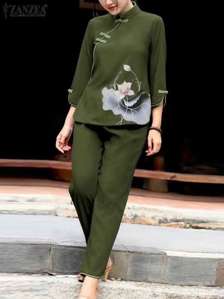 

Костюм спортивный ZANZEA женский с воротником-стойкой, комплект из 2 предметов в китайском стиле, брюки-карандаш с винтажным цветочным принтом и узлом
