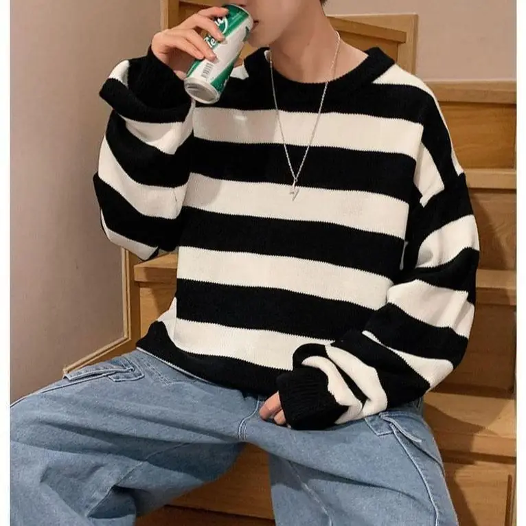 Spring Autumn Winter Fashion Man Casual Men's Loose Tess Cool Boys Pullover Knitted Sweater Soft Stripes Tops