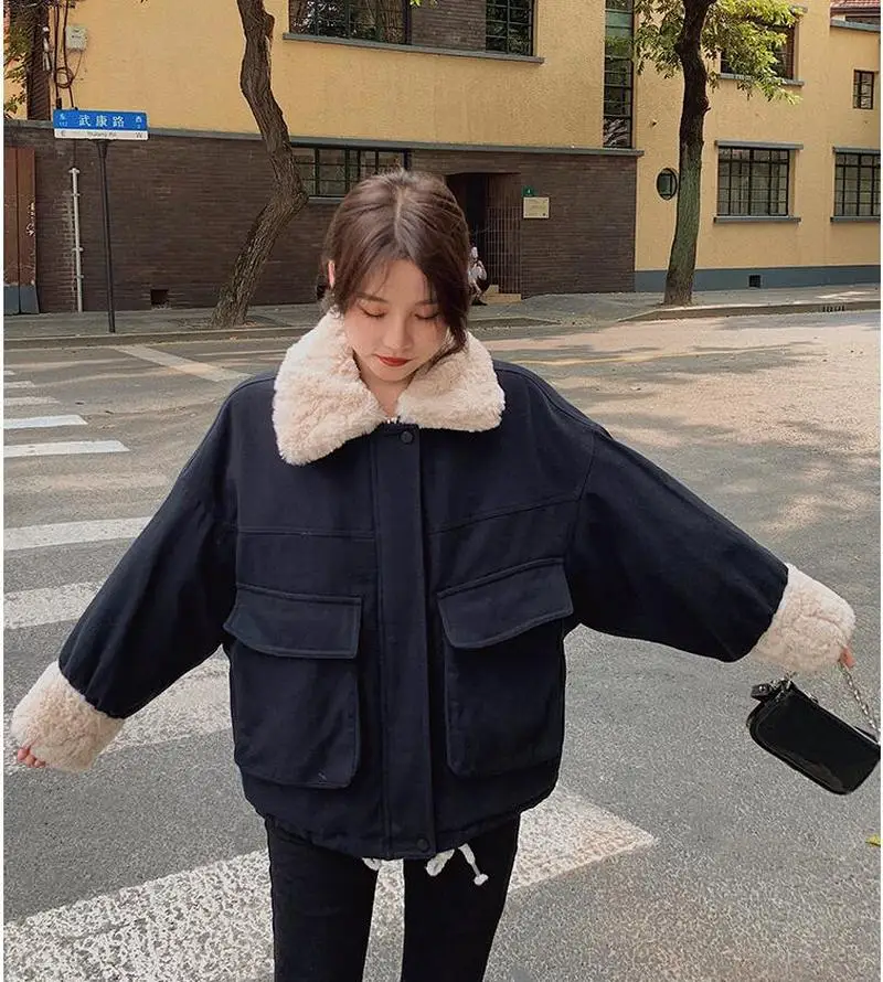 Women's Jacket Corduroy Autumn and Winter New Loose Casual Solid Color Long-sleeved Velvet Patchwork Jacket Warm Jacket Pink