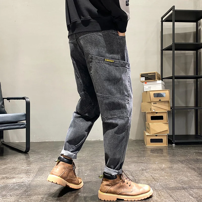 Men Clothing New Pattern Recreational Vintage Nostalgia Black Grey Jeans Straight Cylinder Loose Street Trousers Autumn Female