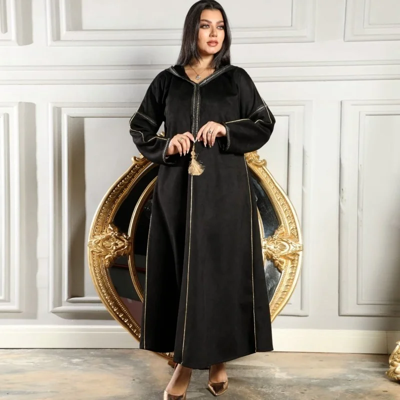 

Moroccan Caftan Eid 2022 Suede Hooded Abaya Dress Muslim Middle East Dubai Turkey Arabic Oman Ribbon Tassel Robe Black