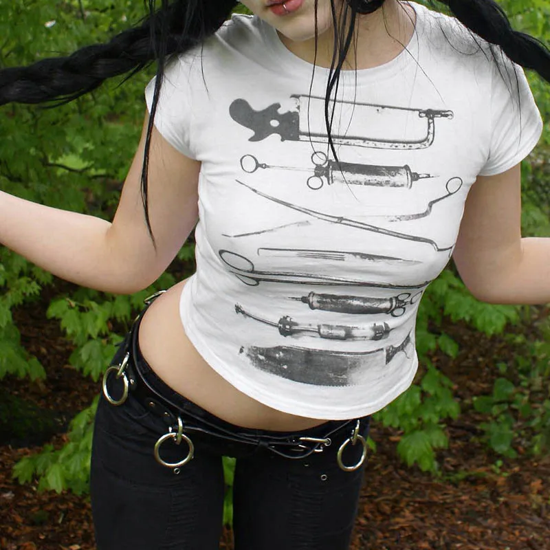 Темная укороченная футболка с принтом готические повседневные тонкие футболки