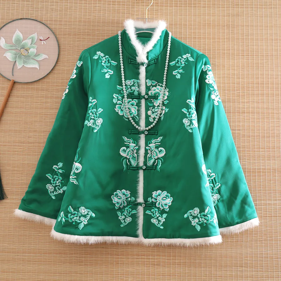 High-end Winter Women Jacket Top Chinese Style Tang Dynasty Retro Embroidery Elegant Lady Warm Coat Female S-XXL