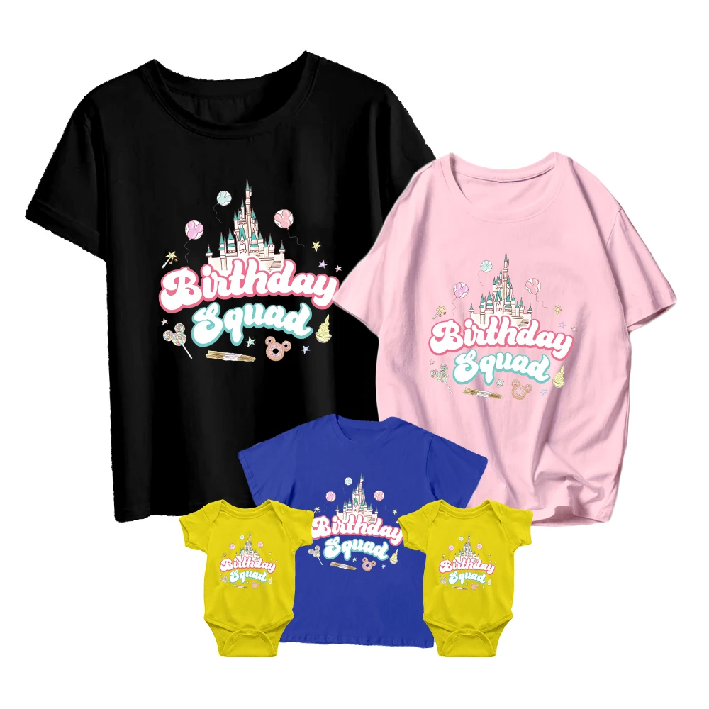 

T-Shirt Disney Mickey Castle Birthday Squad Print Kids Short-Sleeved Baby Romper Family Matching Unisex Adult Sweet New