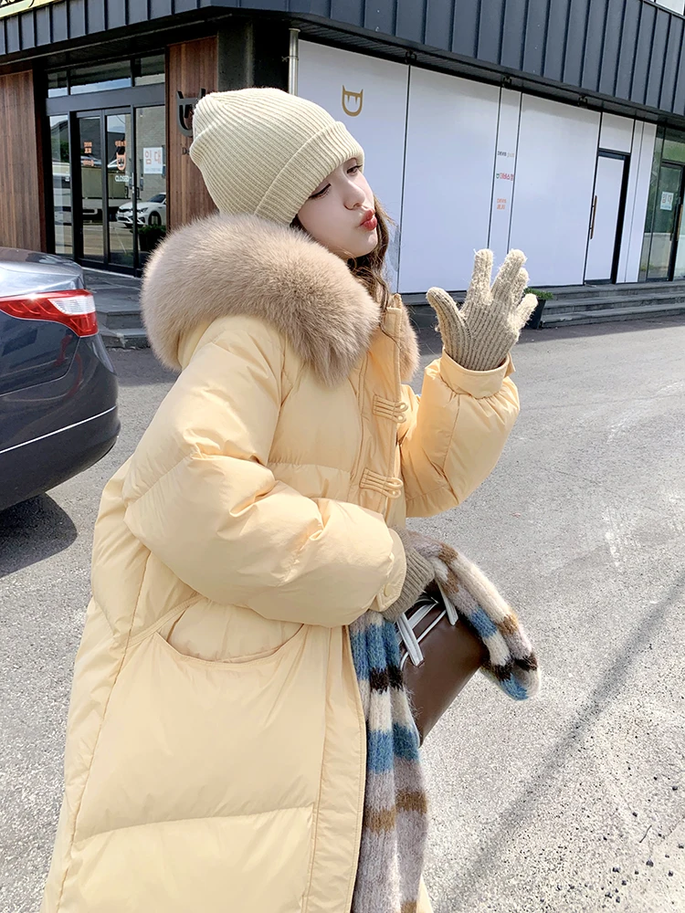 Milk Huhu Long down Jacket 2024 Women's New High Sense Fried Street Fashion Thickened Winter over the Knee Outerwear