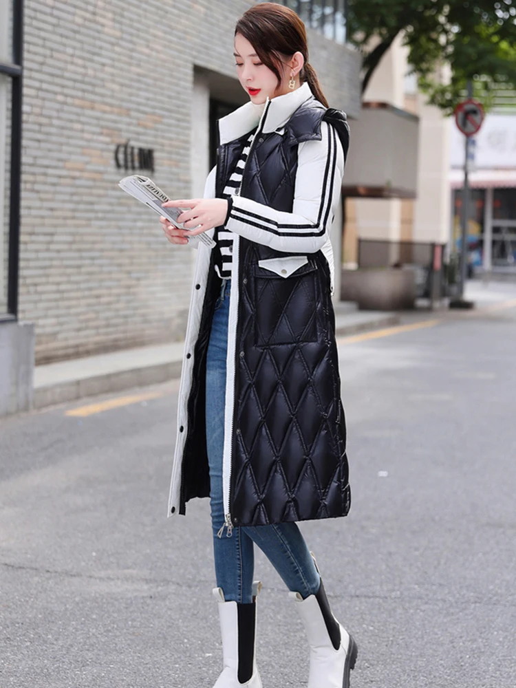 New Women Winter Down Coat Fashion Hooded Color Blocking Strecth Belt Long Thicken Slim White Duck Down Jacket Female Outerwear