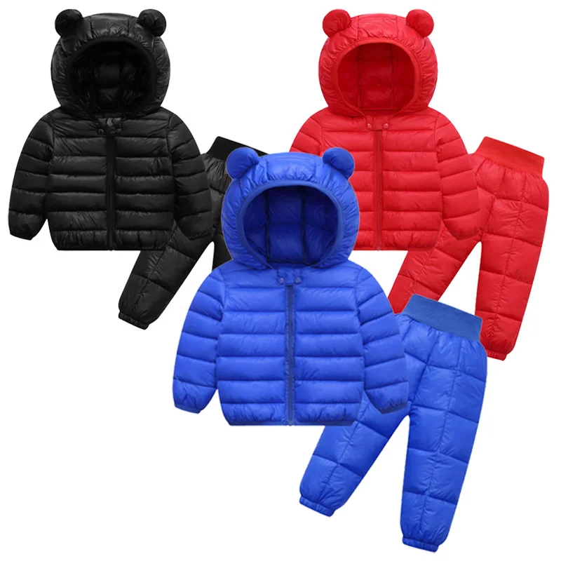 Autumn Winter Children Clothing Set Baby Boys Girls Cotton Hooded Down Jacket + Pants 2Pcs For Kids Snowsuit Warm Costume 0-5T