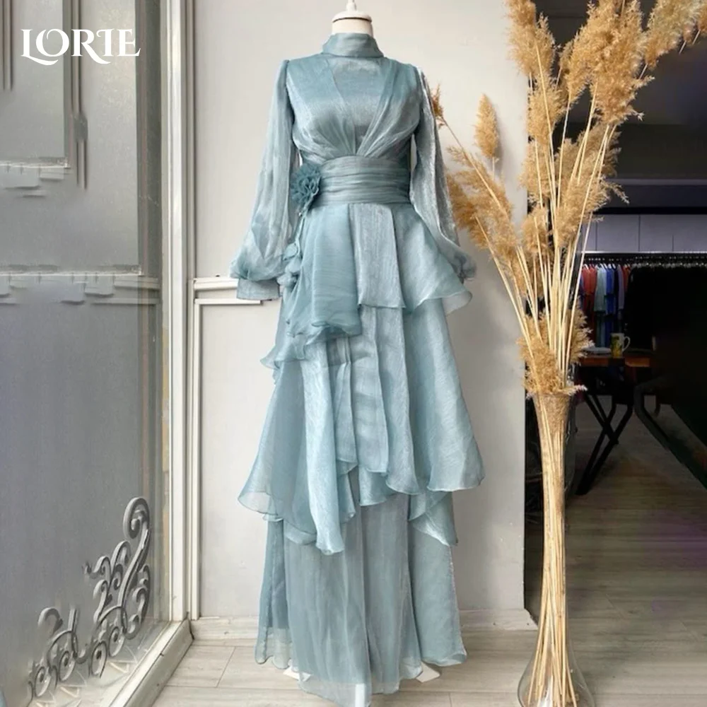 LORIE Мусульманское вечернее платье с высоким воротником и рюшами струящиеся - Цена: 7481