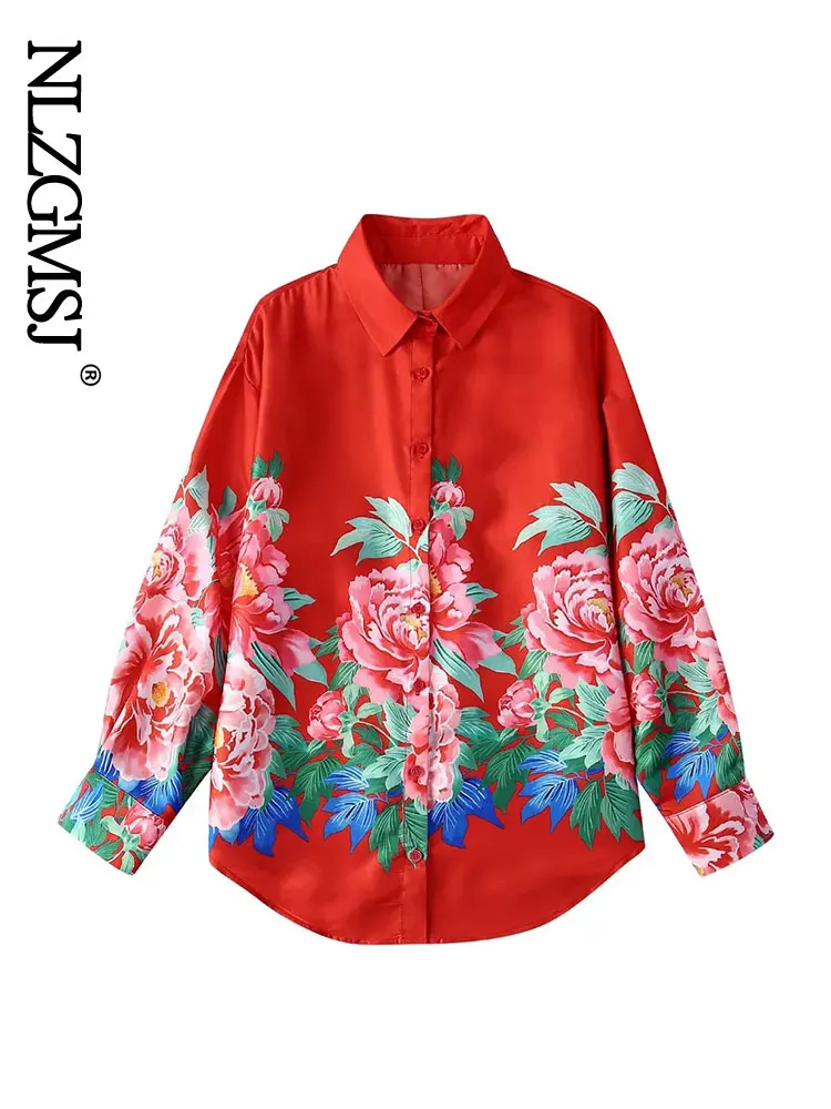 

Женская свободная рубашка с длинным рукавом и цветочным принтом