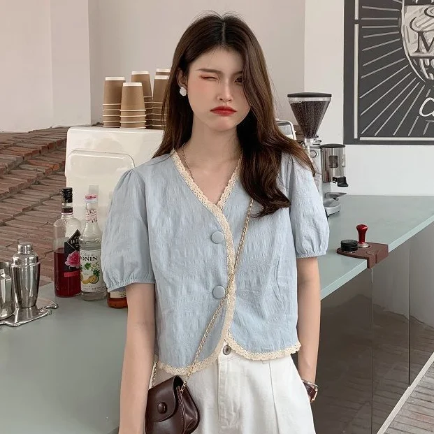 

Рубашка женская с коротким рукавом-фонариком, винтажная универсальная кружевная блузка, Модный укороченный топ в стиле ретро, в стиле Харадзюку, повседневная одежда