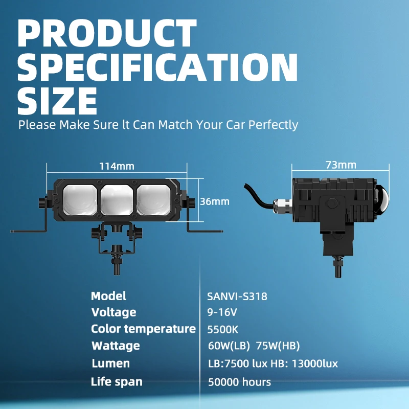 Фото SANVI Bi LED Проекционная решетчатая фара, вспомогательная светодиодная балка-прожектор для мотоциклов, внедорожников, квадроциклов, пикапов, внедорожных автомобилей, 12В 5500К 75Вт №5