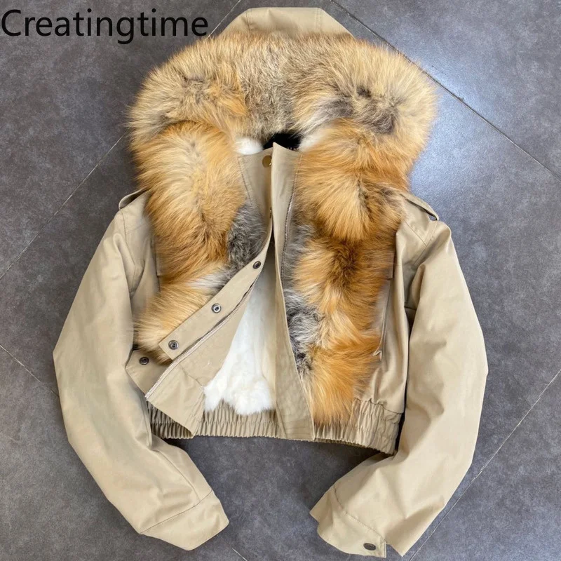 

Новинка зимы 2021, модная трендовая Женская куртка Creatingtime с большим меховым воротником из натурального кроличьего меха, с несколькими карман...