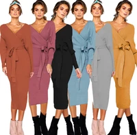 5 color autumn and winter 2022 sexy v neck lace up long sleeved womens dress