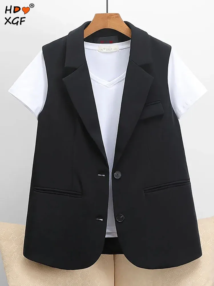 

Office Lady V-shaped Lapel Pocket Single Breasted Sleeveless Black Broad Shoulder Suit Vest Korean Summer Women's Work Waistcoat