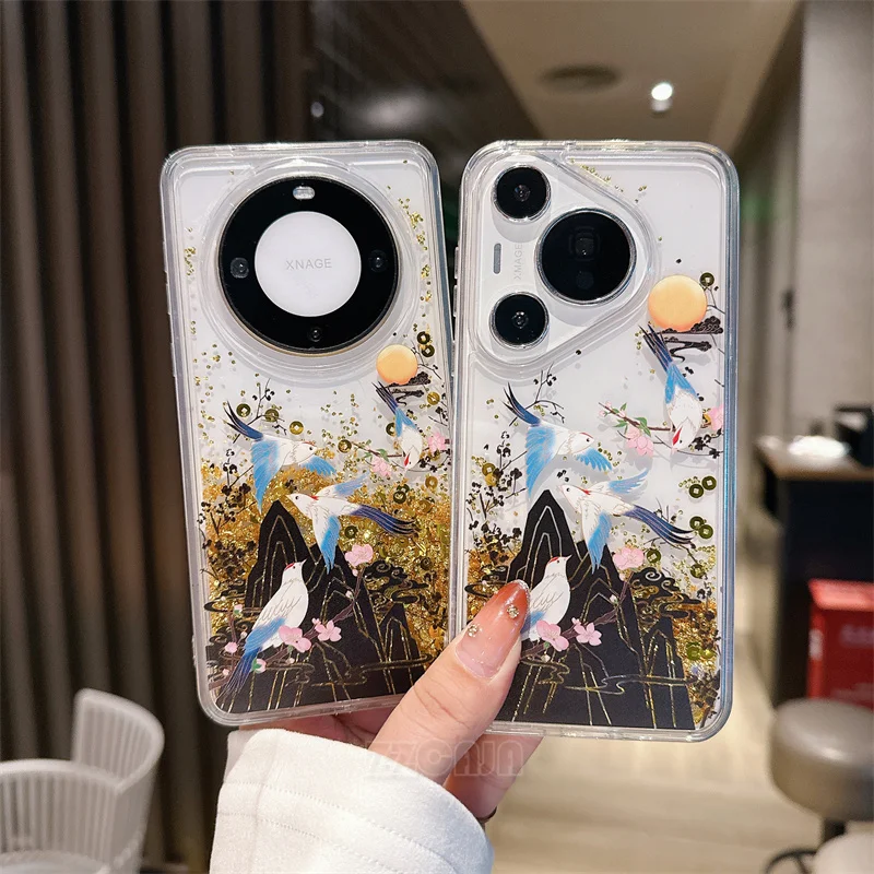 Фото Китайский традиционный стиль для Huawei Pura 70 Pro P60 Mate 40 50 60 Pro, блестящий бамбуковый чехол с золотой рыбкой и жидким зыбучим песком №5