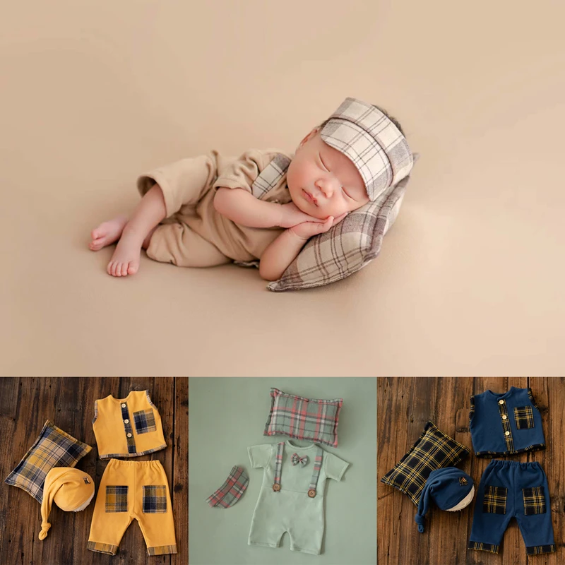 Dvotinst Newborn Baby Photography Props British Grid Outfits Tops Pants Hat Pillow 4pcs Plaid Romper Studio Shooting Photo Props