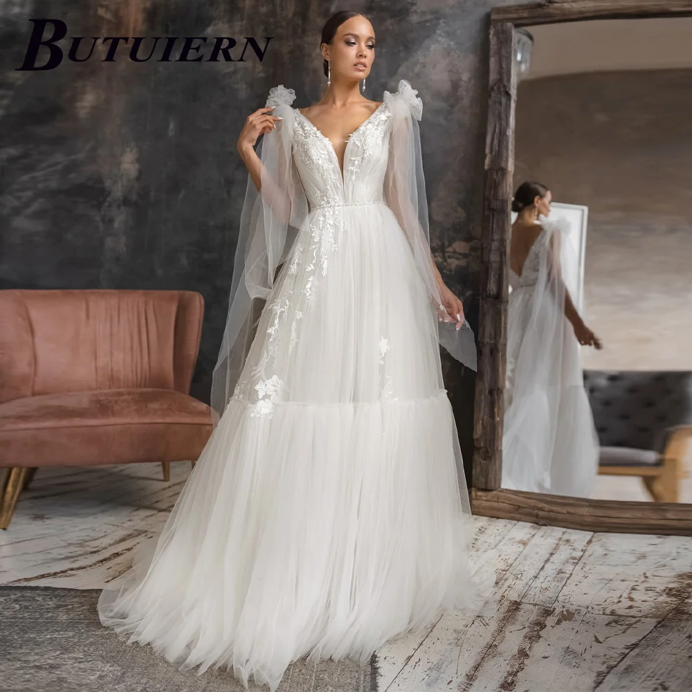 

COZOK Sexy Appliques Wedding Dress V Neck Lace Aline Bridal Gown Backless Shoulder Bows Sleeves With Court Train Custom Made
