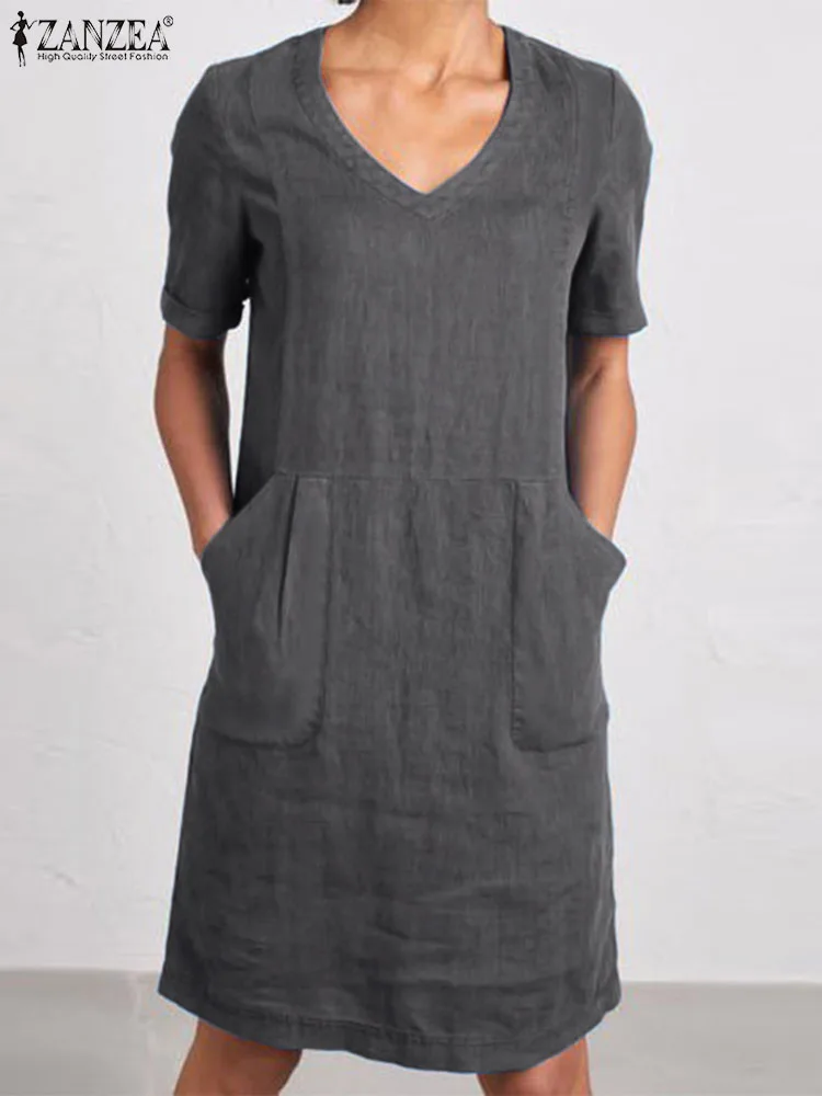 

2023 ZANZEA Summer Stylish Solid Dresses Women Short Sleeve V-Neck Sundress Casual Cotton Loose Dress OL Work Vestidos Oversized