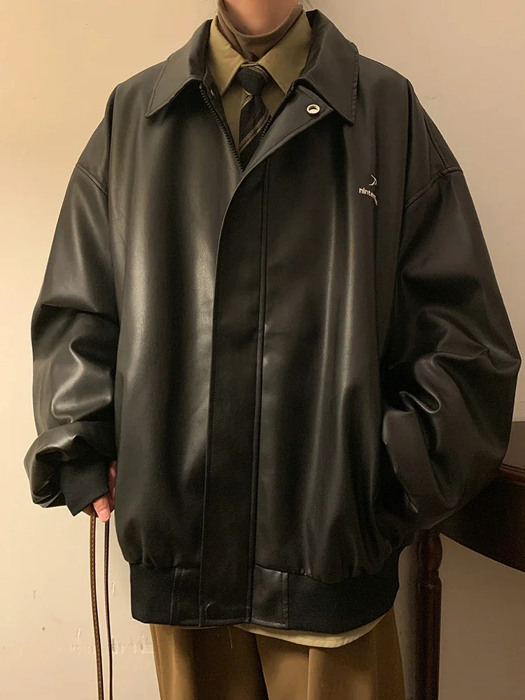 Кожаные куртки мужские модные повседневные однотонные весенние красивые