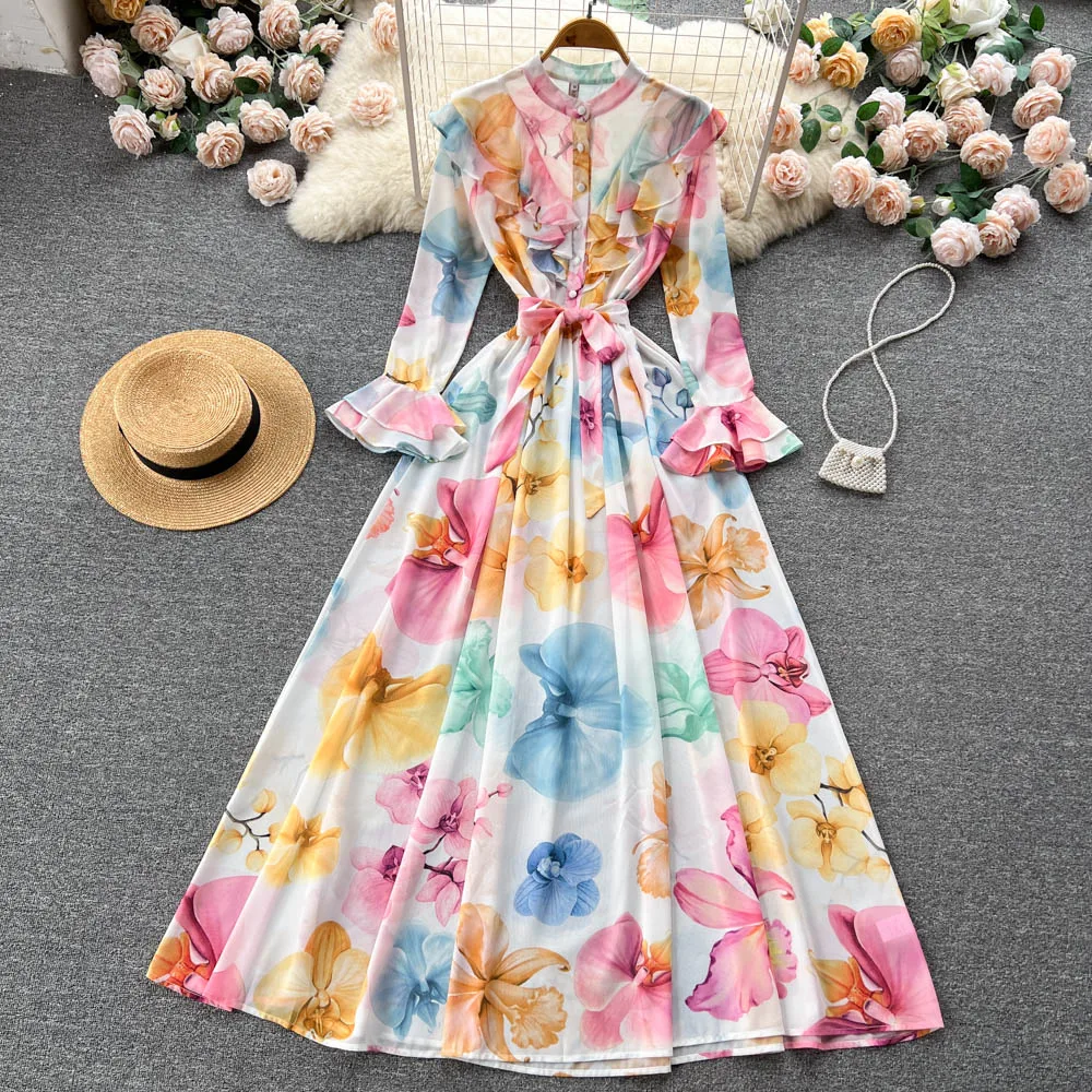 2023 Spring Summer Bohemian Ruffles Romantic Flower Dress Women Long Flare Sleeve Stand Collar Vacation Chiffon Fairy Vestidos
