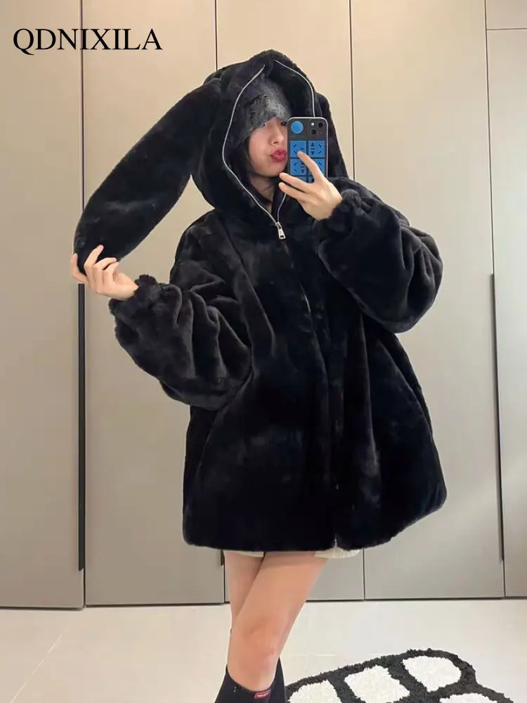Winter Jacket Women 2022 New Imitation Rabbit Fur Thick Wool Cotton Coat Rabbit Ear Coat Woman Faux Fur Coat Jacket for Women
