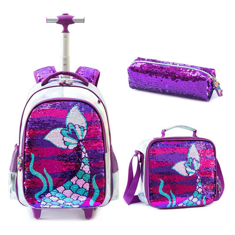 

Sequins School Rolling Bag Wheeled Backpack Lunch Bag Set Schoolbag with Wheels Student School Trolley Backpack Bag for Girls