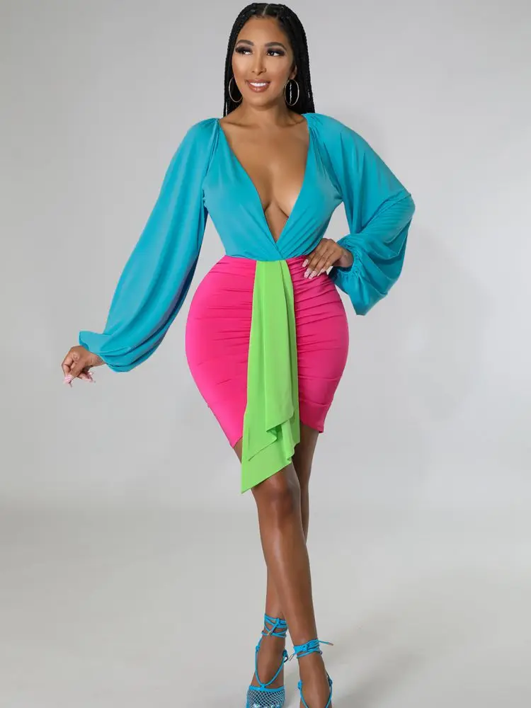 

HAOYUAN Sexy Two Piece Set Party Club Vacation Outfits for Women 2022 Long Sleeve Bodysuit and Mini Skirt Matching Dress Sets