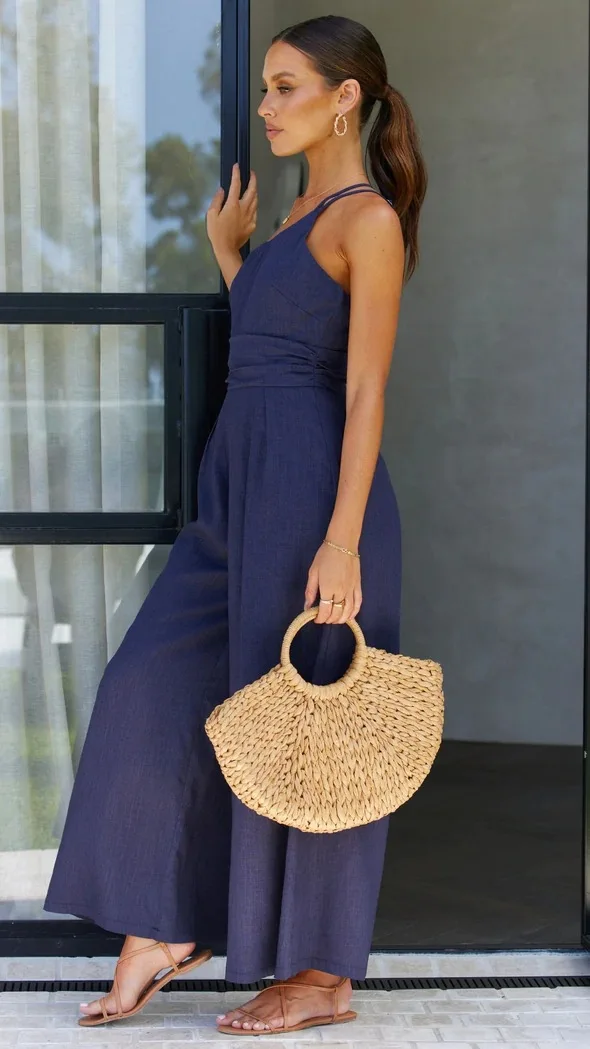 2023 Spring Summer Romper New Women's Jumpsuit Solid Color Loose Wide Leg Cotton Linen Single Shoulder Strap Ladies Clothing