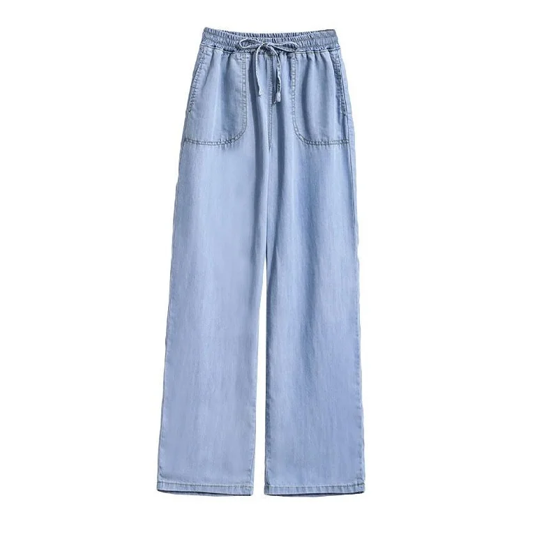 

Women's Jeans for Fall and Winter 2022 New Korean Female Pants with Pockets and Lace-up Elastic Waist Loose Long Denim Trousers