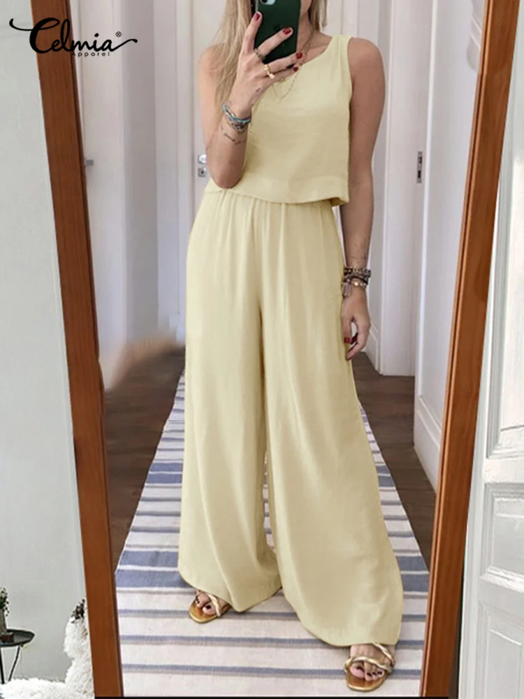 

Celmia Women Summer Matching Sets Elegant Office Solid Short Tanks and Long Wide Leg Pants Suit Elastic Waist 2PCS Loose Outfits