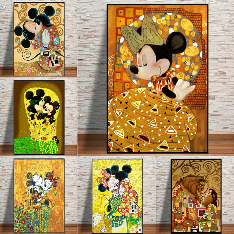 

Klimt искусство Дисней Микки Маус Картина на холсте настенное искусство Смешные Красавица и Чудовище плакаты принты для гостиной домашний декор