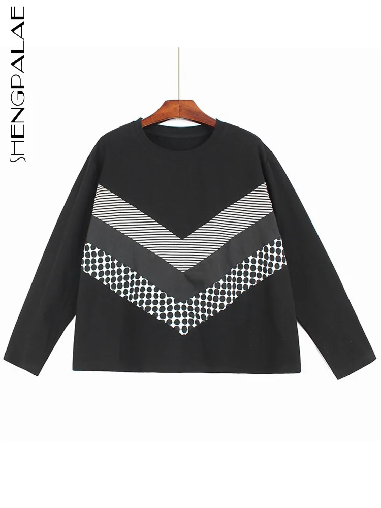 

SHENGPALAE Лоскутная полосатая свободная футболка с круглым воротником и длинным рукавом для женщин, осень 2022, модные элегантные женские новые Т...