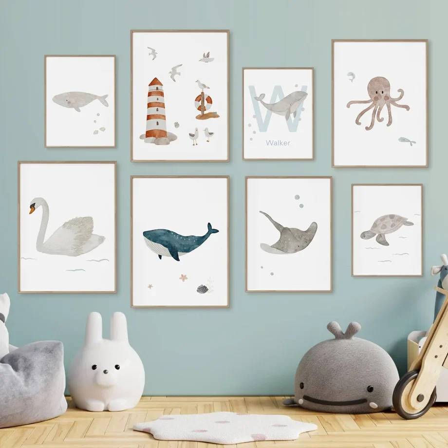 Настенная картина для детской комнаты постер с изображением Кита осьминога