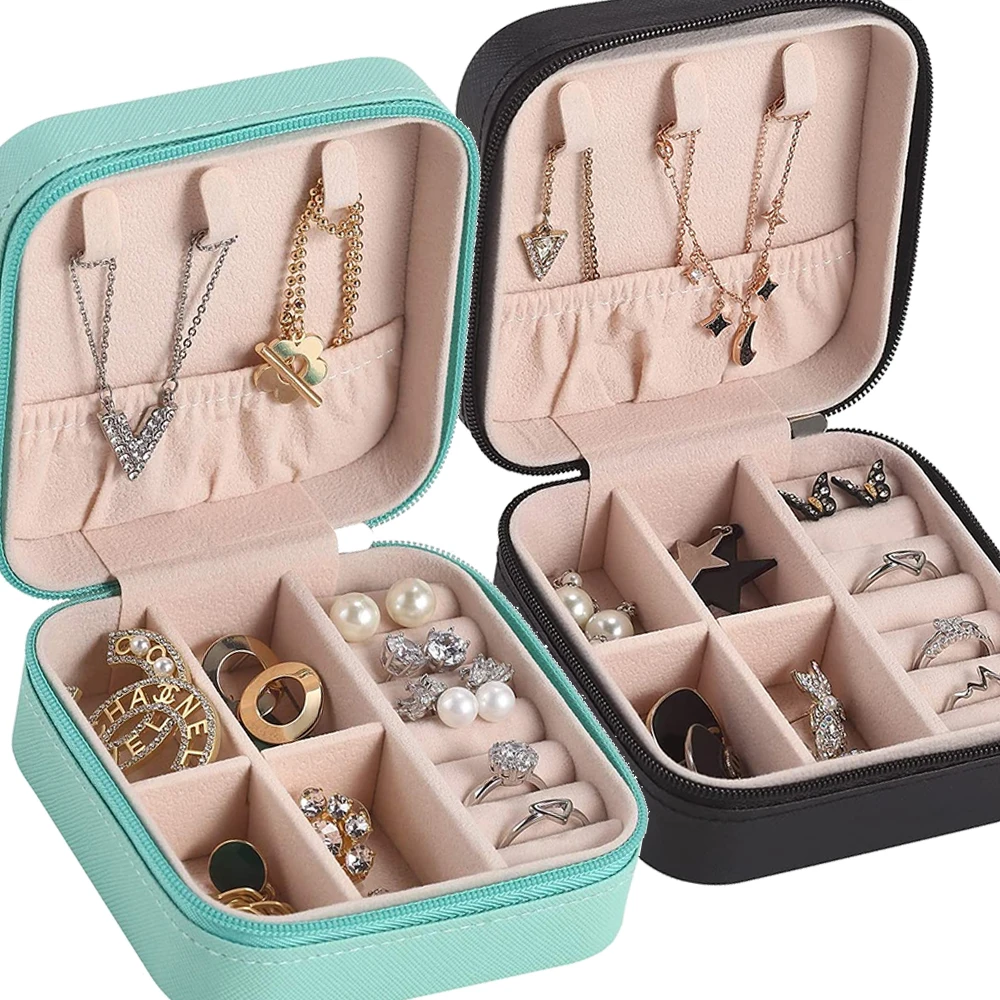 Jewelry Box Portable Leather Jewelry Organizer Box Display Travel Jewelry Case Boxes Button Leather Storage Zipper Jewelers