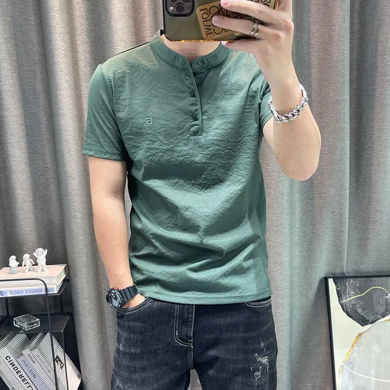 Модная Однотонная футболка с воротником-стойкой Мужская одежда Новинка лета 2024
