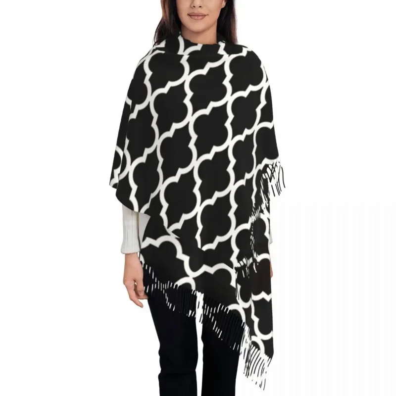 

Black And White Moroccan Tassel Scarf Women Soft Morroccan Geometric Abstract Shawl Wrap Ladies Winter Scarves