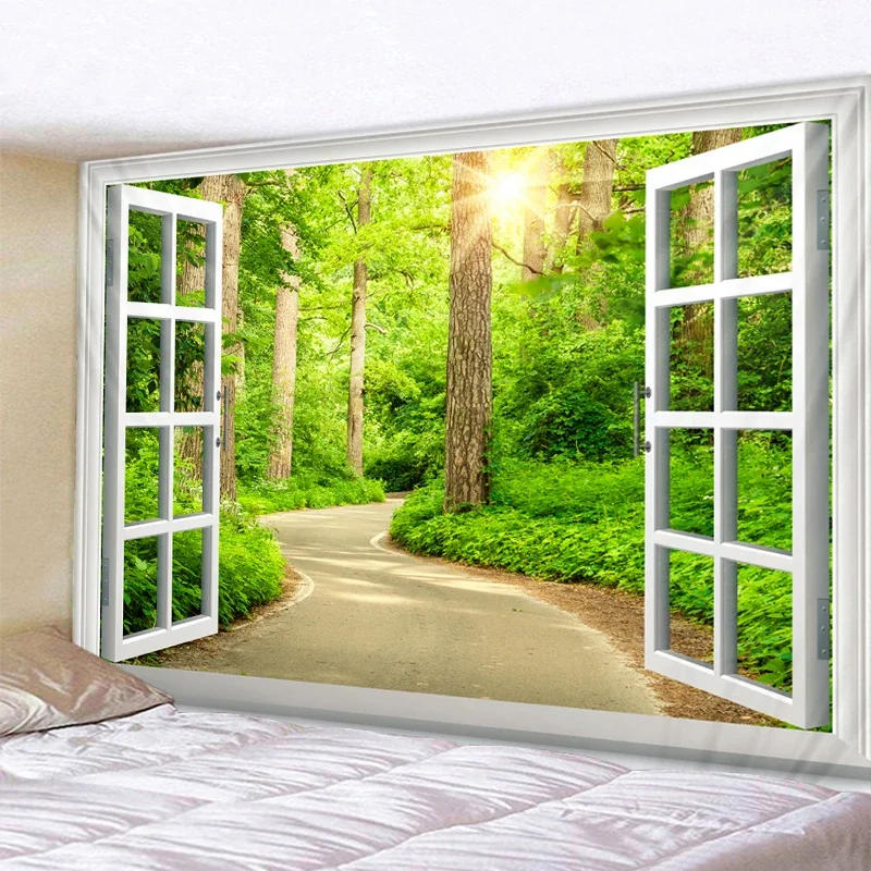 Настенное покрывало с рисунком леса и проспекта над окном