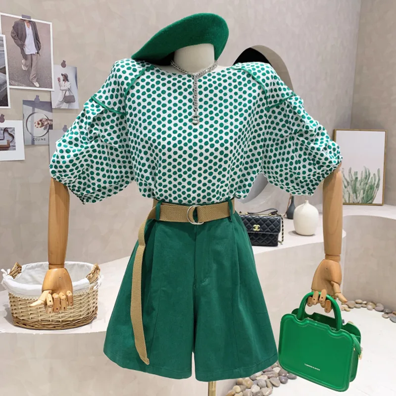 

New Women's Clothing 2022 Summer Fashion suit bubble short sleeve wave dot Top high waist denim wide leg shorts Two piece set