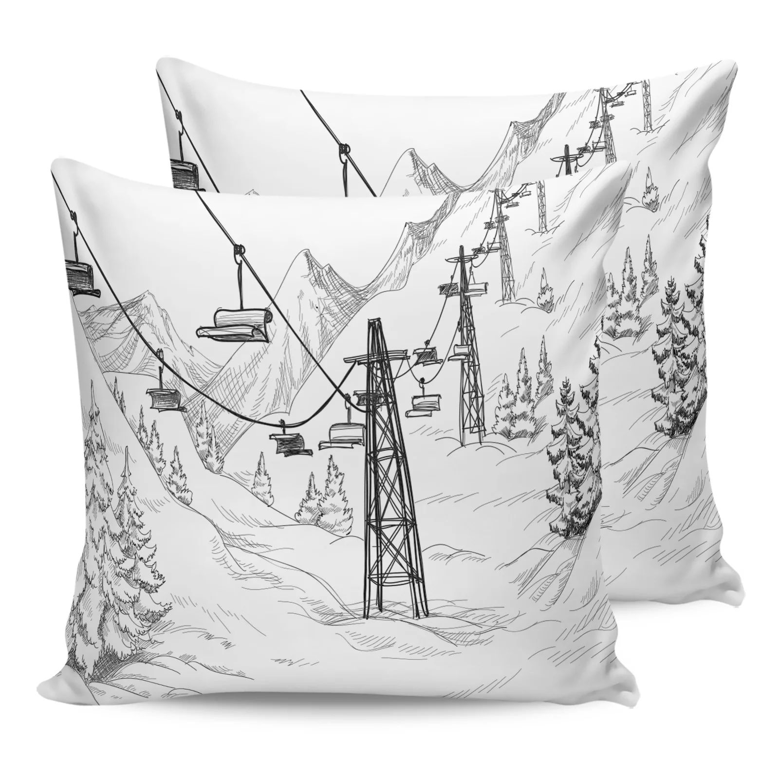 

2PCS Pillowcases White Snow Cable Car Ski Mountain Sketch Cushion Cover Home Bedding Room Decorative Couch Throw Pillow Case