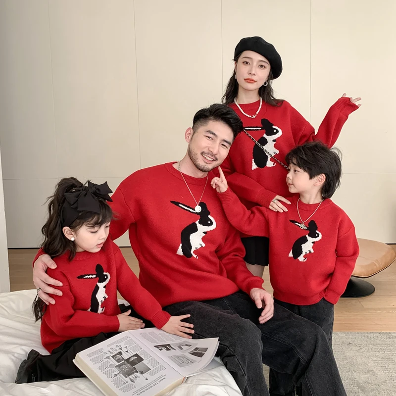 

Cartoon Rabbit Knitting Sweater for Boys and Girls Fashion Family Matching Outfit Clohing Dad Mum Son Daughter Christmas Tops