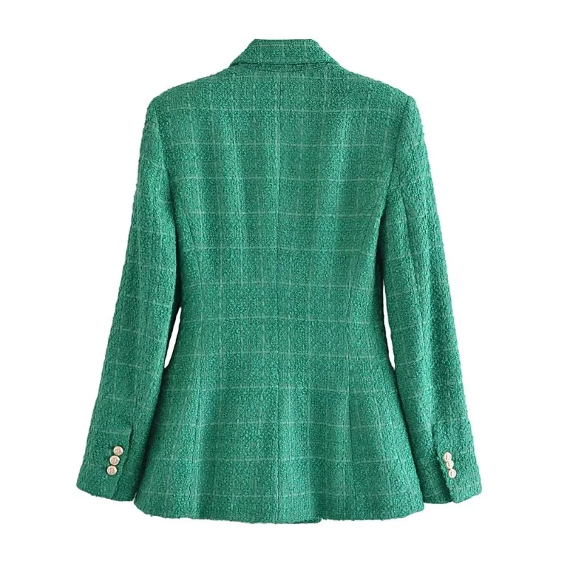 Autumn Fashion Double Breasted Tweed Check Blazer Coat Vintage Long Sleeve Pockets Female Outerwear Chic 2022 Women jacket
