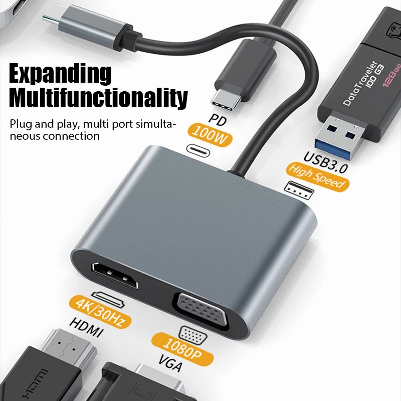 Адаптер USB C - Hdmi Vga 3-в-1 Type Usb 3.0 Hub для Macbook Nintendo Samsung Huawei Xiaomi