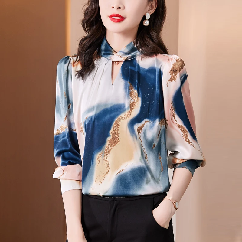 

High Quality Silk Satin Female T-shirt Long Sleeve Printed Pullover Shirts 2022 Spring And Summer Blouse Women Top For Ladies