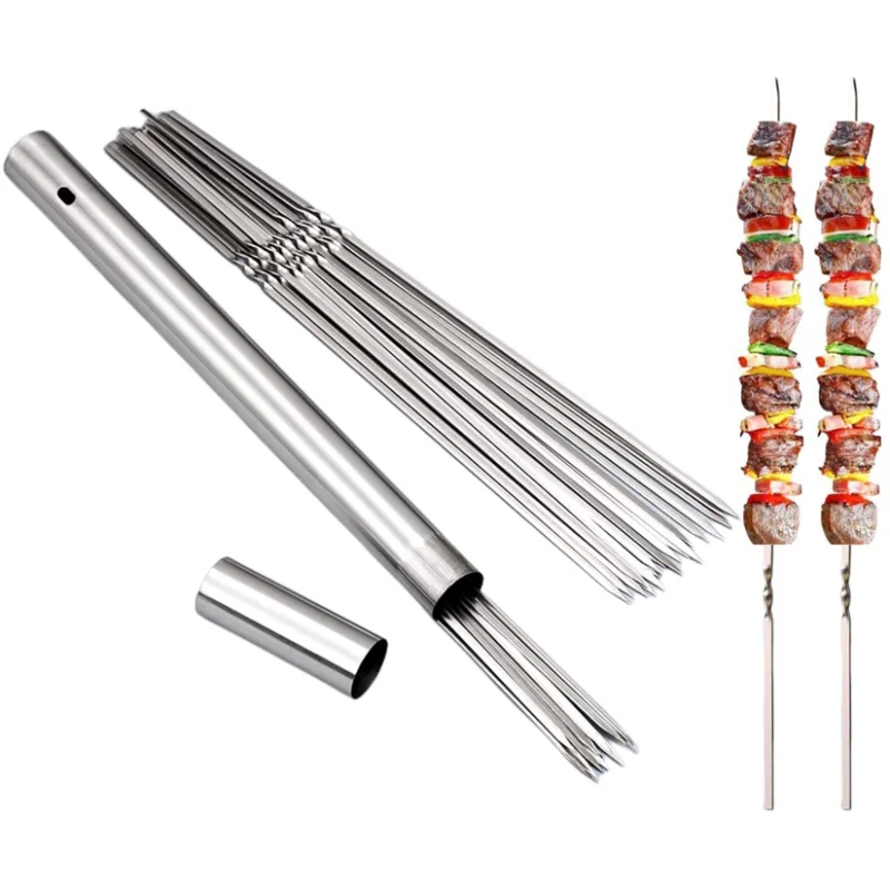 

Steel Forks Reusable Kebab Cooking Outdoor Skewer Shish Tools For Stainless Storage Tube Barbecue Camping Flat 20pcs Picnic