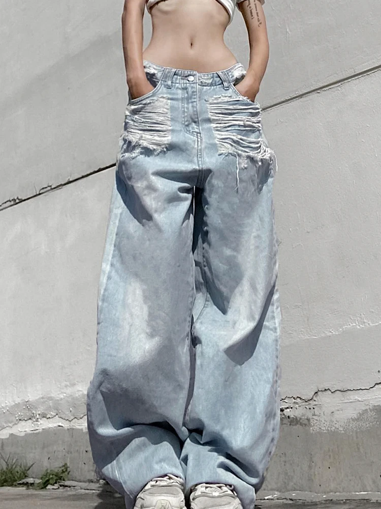 Y2K Tassel Jeans Blue Grunge Tie Dye Straight Korean Streetwear Pants Women Fashion Casual Trousers Pockets Vintage