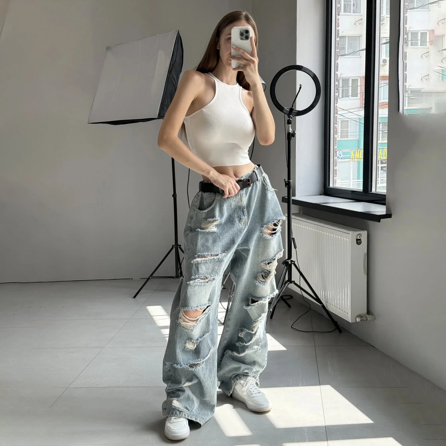 Женские джинсы American Retro WId Leg Slim Fit прямые брюки в гонконгском стиле универсальные