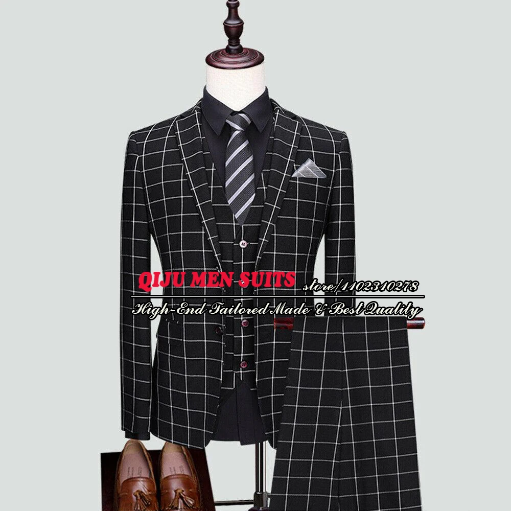 

Man Fashion Suits Black/White Plaid Check 3 Pieces Formal Business Jacket+Vest+Pants Groom Men Tuxedos Tailored Made Party Dress